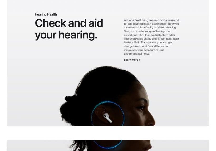 Apple: secțiune împărțită, imagine pe o parte și text pe cealaltă